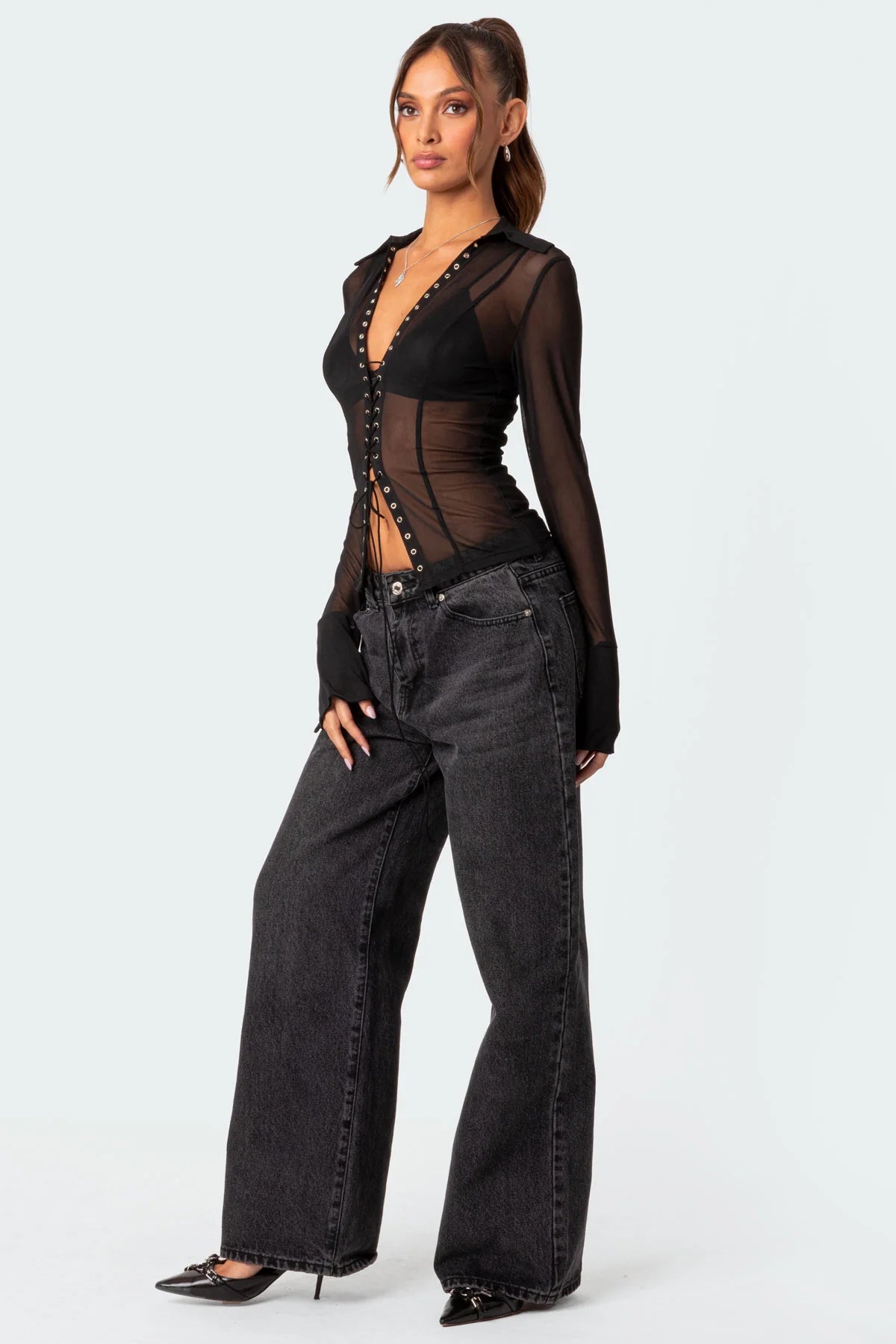 Lace Up Sheer Mesh Top