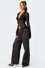 Lace Up Sheer Mesh Top