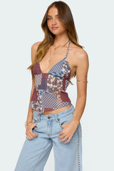 Mixed Patchwork Backless Halter Top