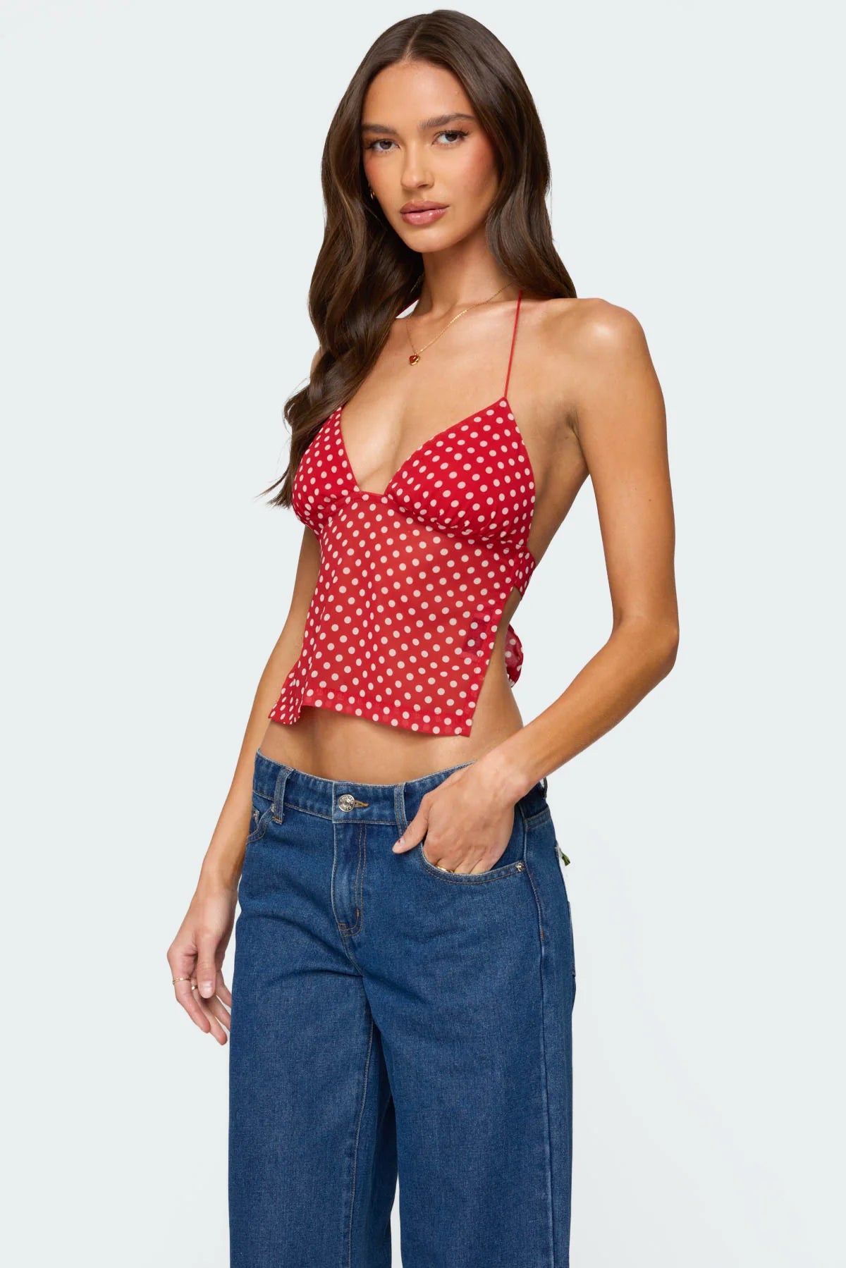 Polka Dot Backless Chiffon Top