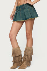 Frayed Pleated Denim Mini Skort