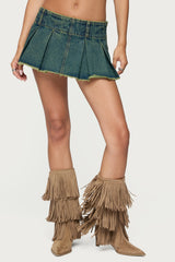 Frayed Pleated Denim Mini Skort