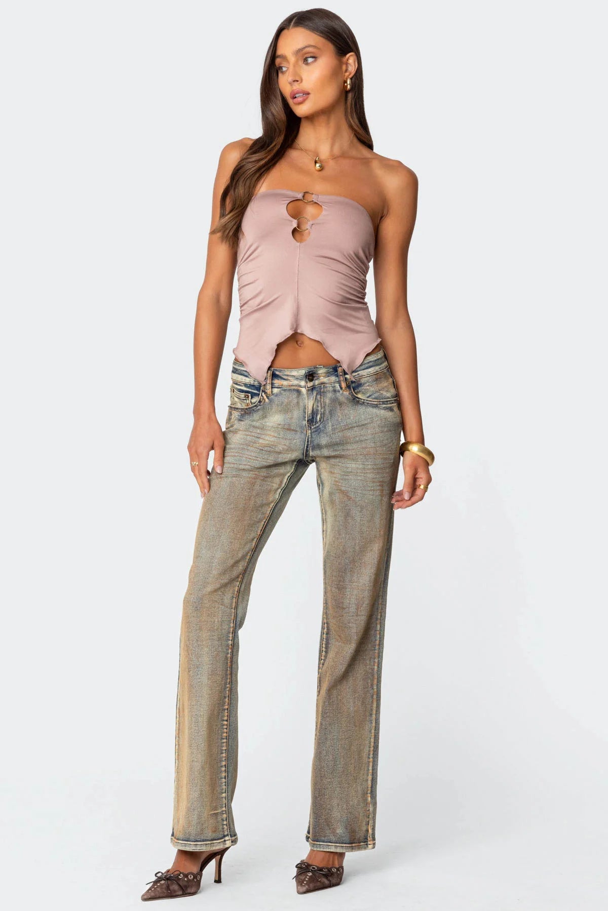 Ring Cut Out Asymmetric Strapless Top