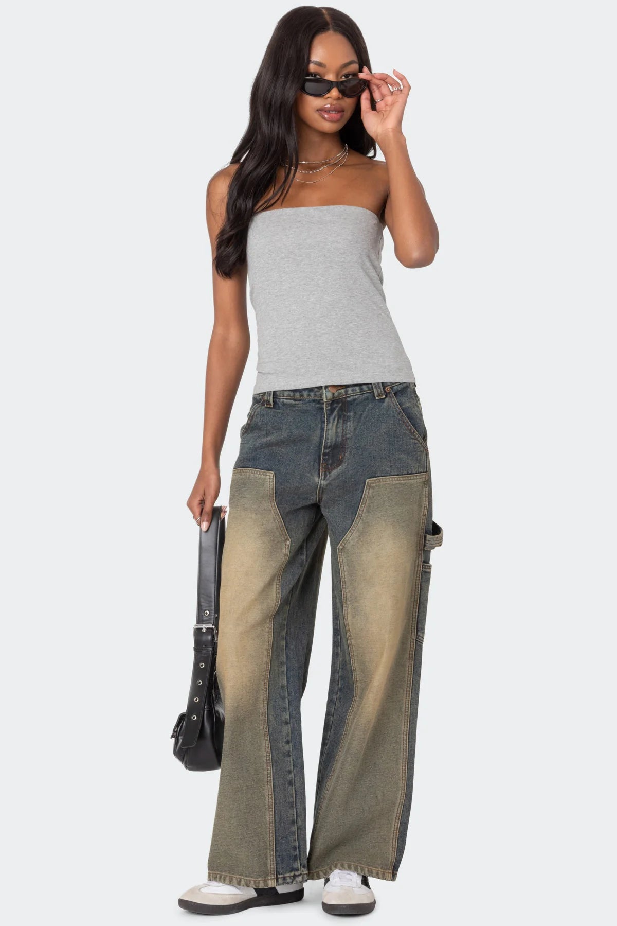 Contrast Panel Low Rise Washed Jeans