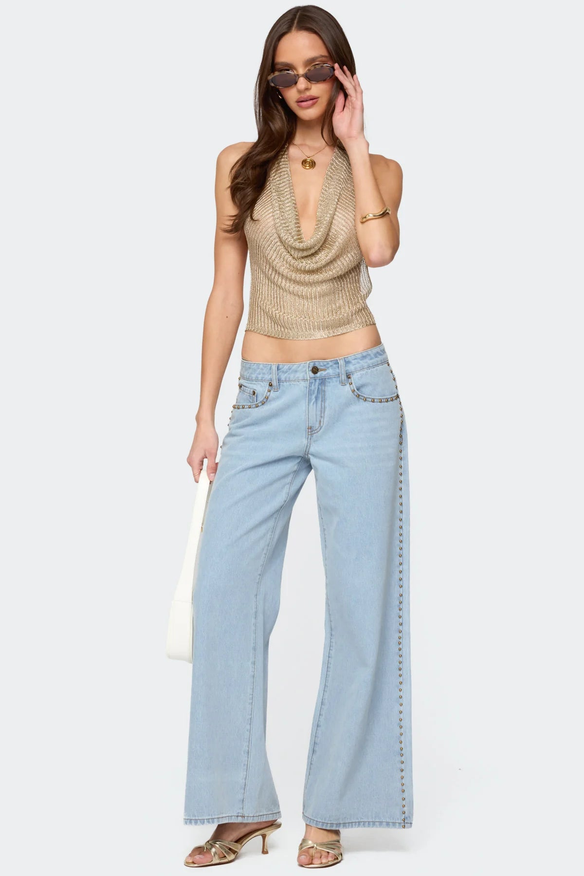 Shiny Knit Cowl Neck Backless Top