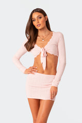 Pointelle Tie Front Knit Crop Top