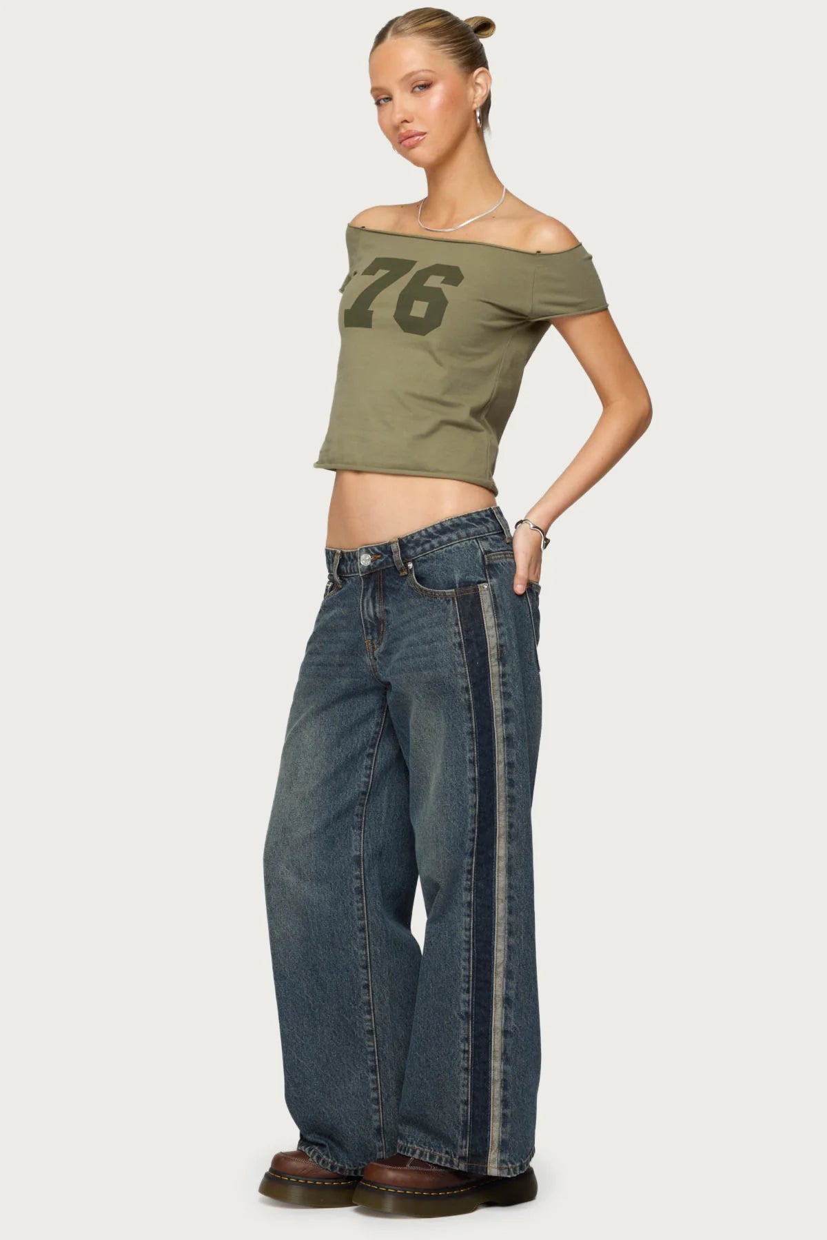 Petite Contrast Panel Low Rise Jeans