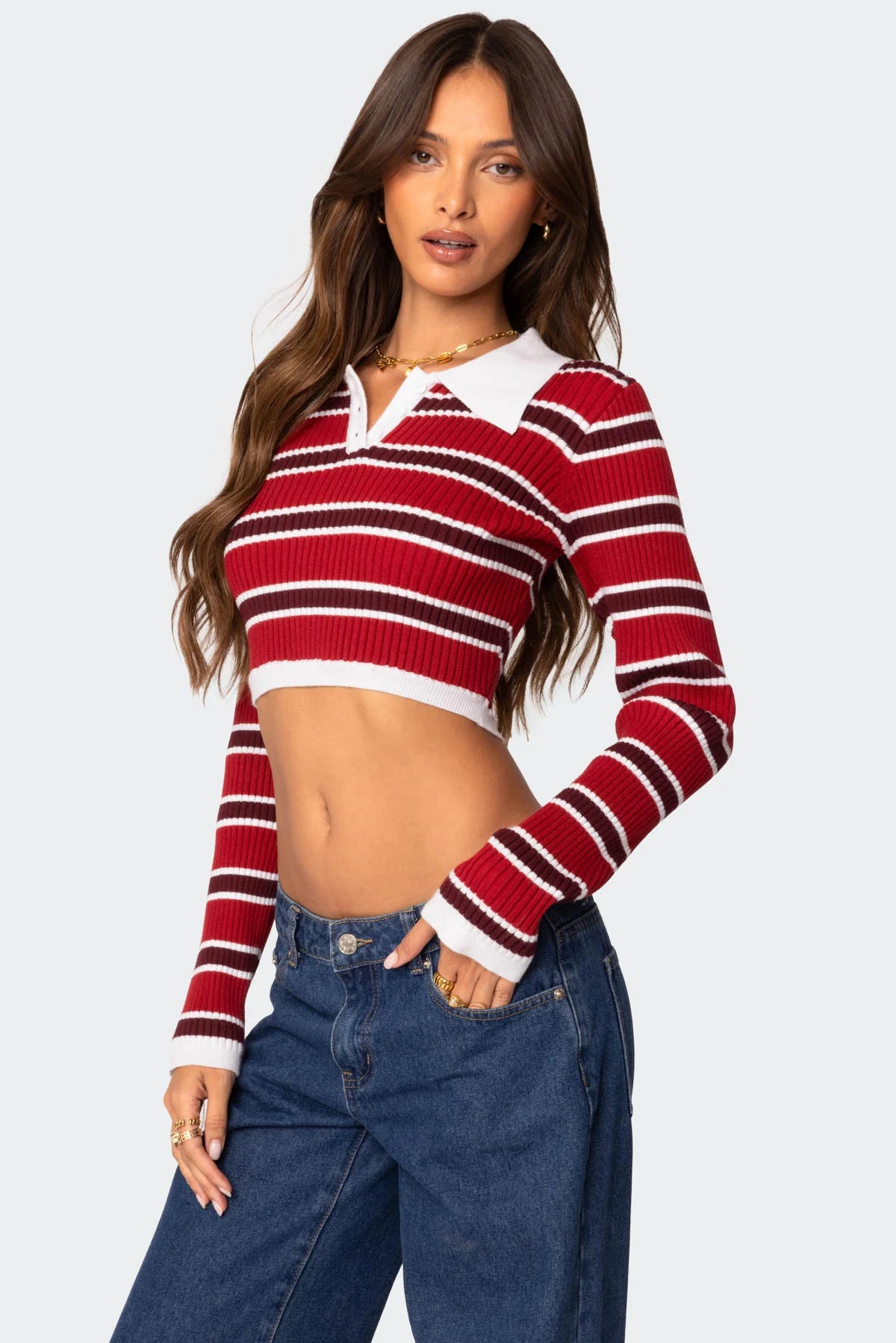 Collared Stripey Ribbed Crop Top