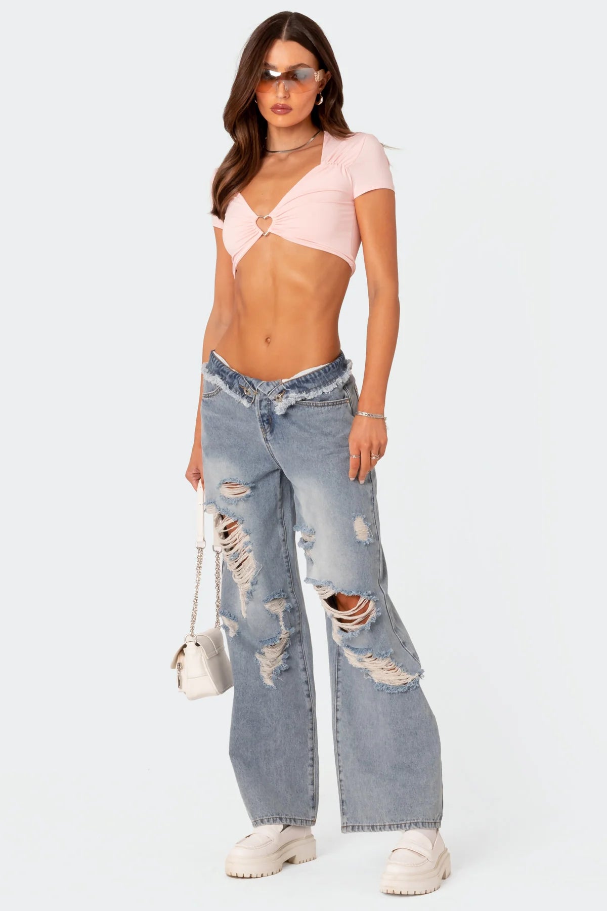 Distressed Fold Over Boyfriend Jeans