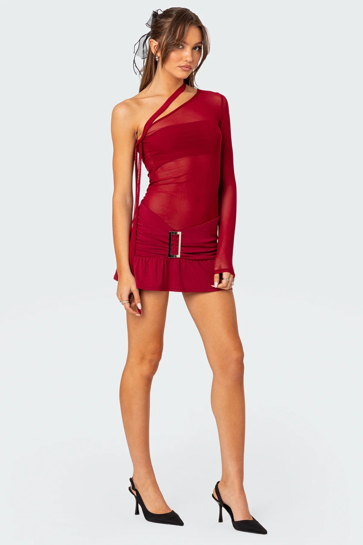 One Shoulder Sheer Mesh Mini Dress
