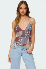 Mixed Patchwork Backless Halter Top