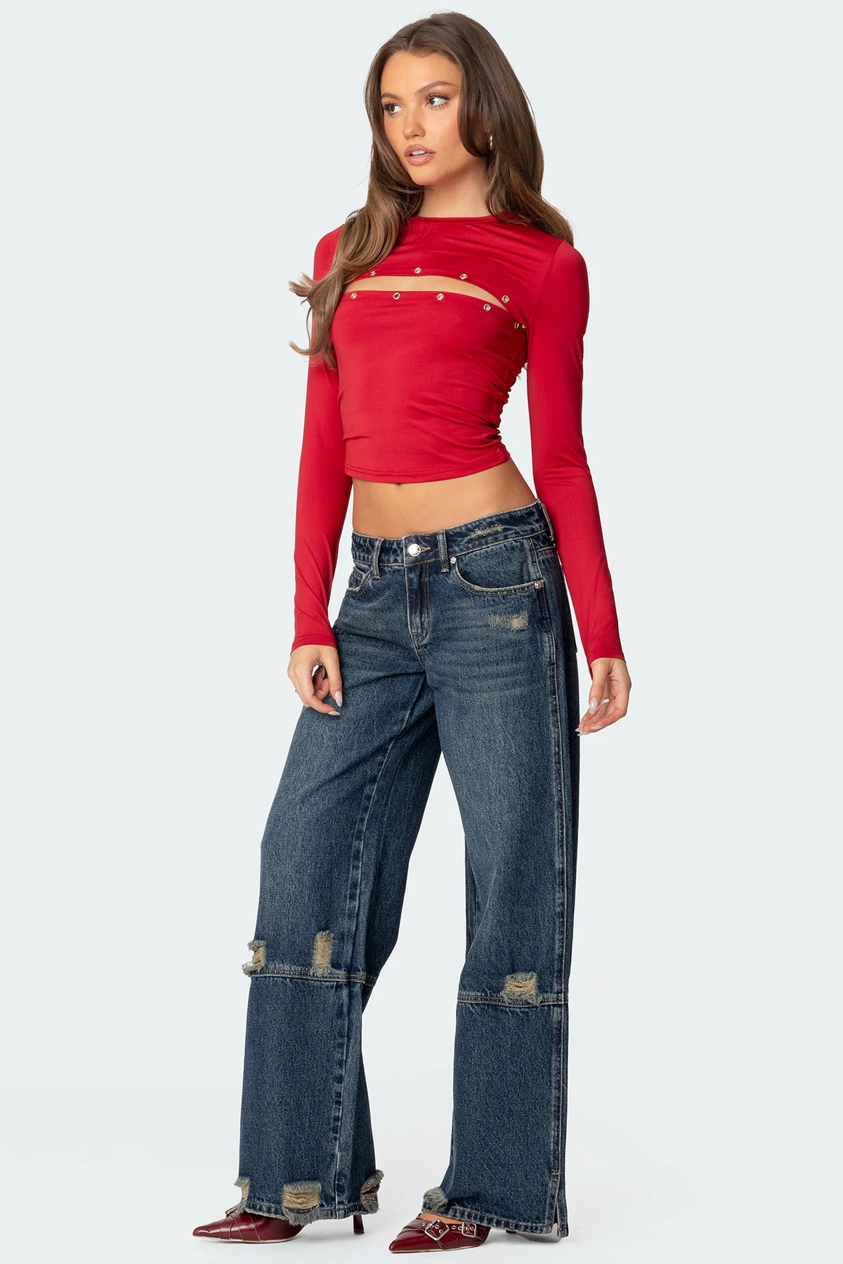 Slitted Distressed Low Rise Jeans