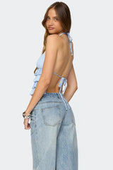 Tiered Ruffle Backless Striped Halter Top