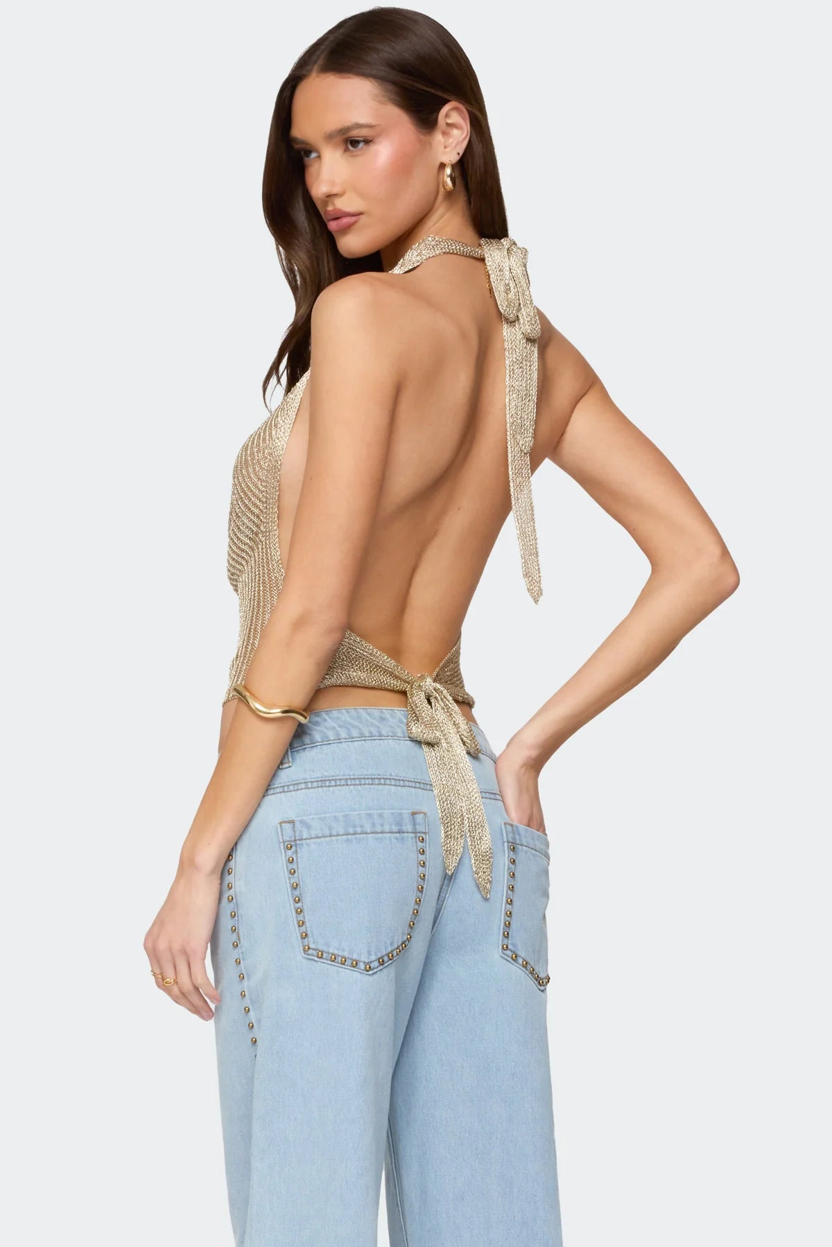 Shiny Knit Cowl Neck Backless Top