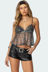 Sheer Sequin Babydoll Tank Top