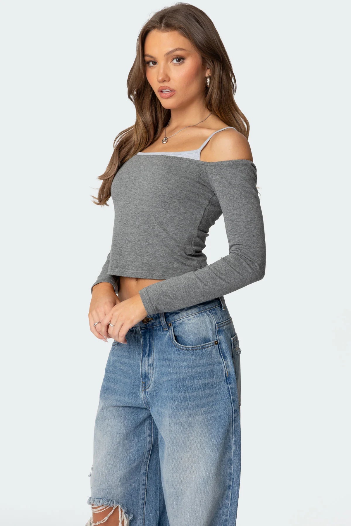 Off Shoulder Layered Long Sleeve T Shirt
