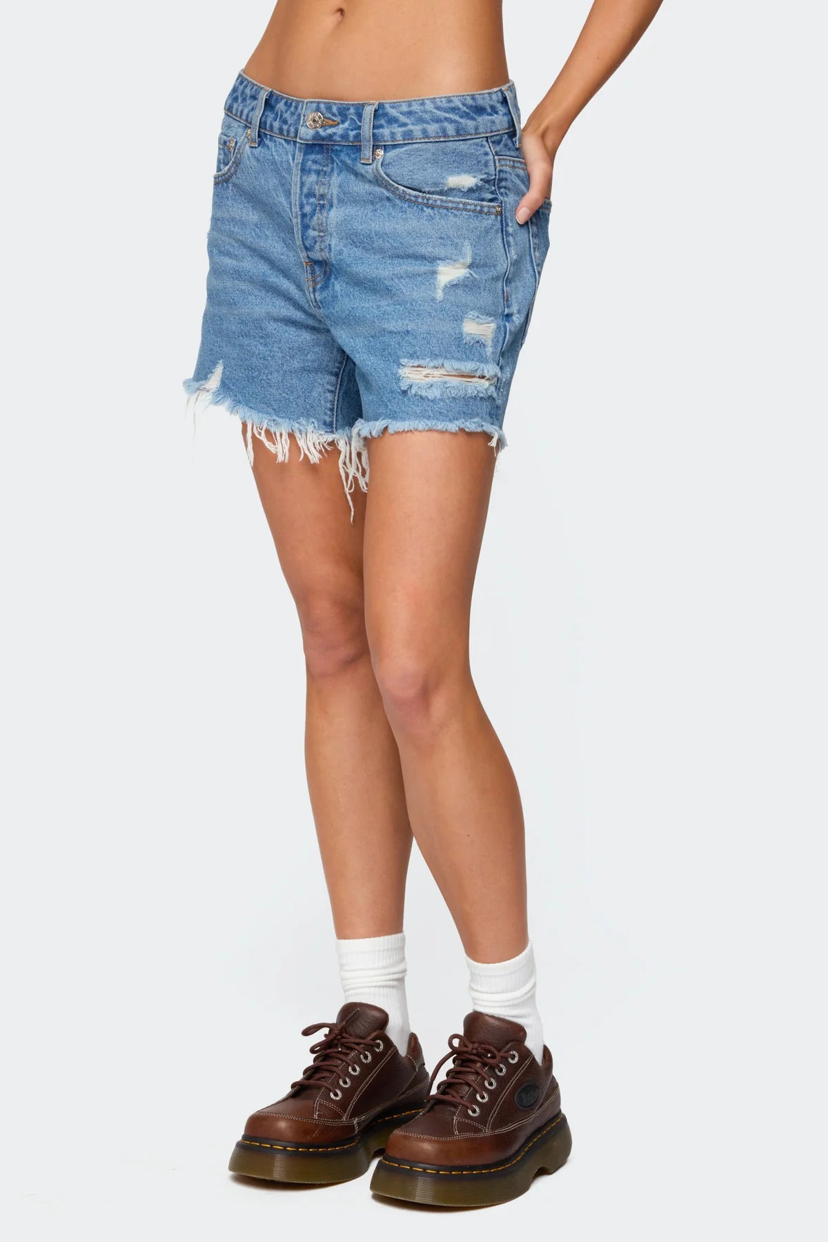 Cale Distressed Low Rise Denim Shorts